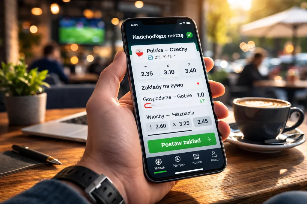 Smartfon z aplikacją bukmacherską wyświetlającą kursy i zakłady sportowe