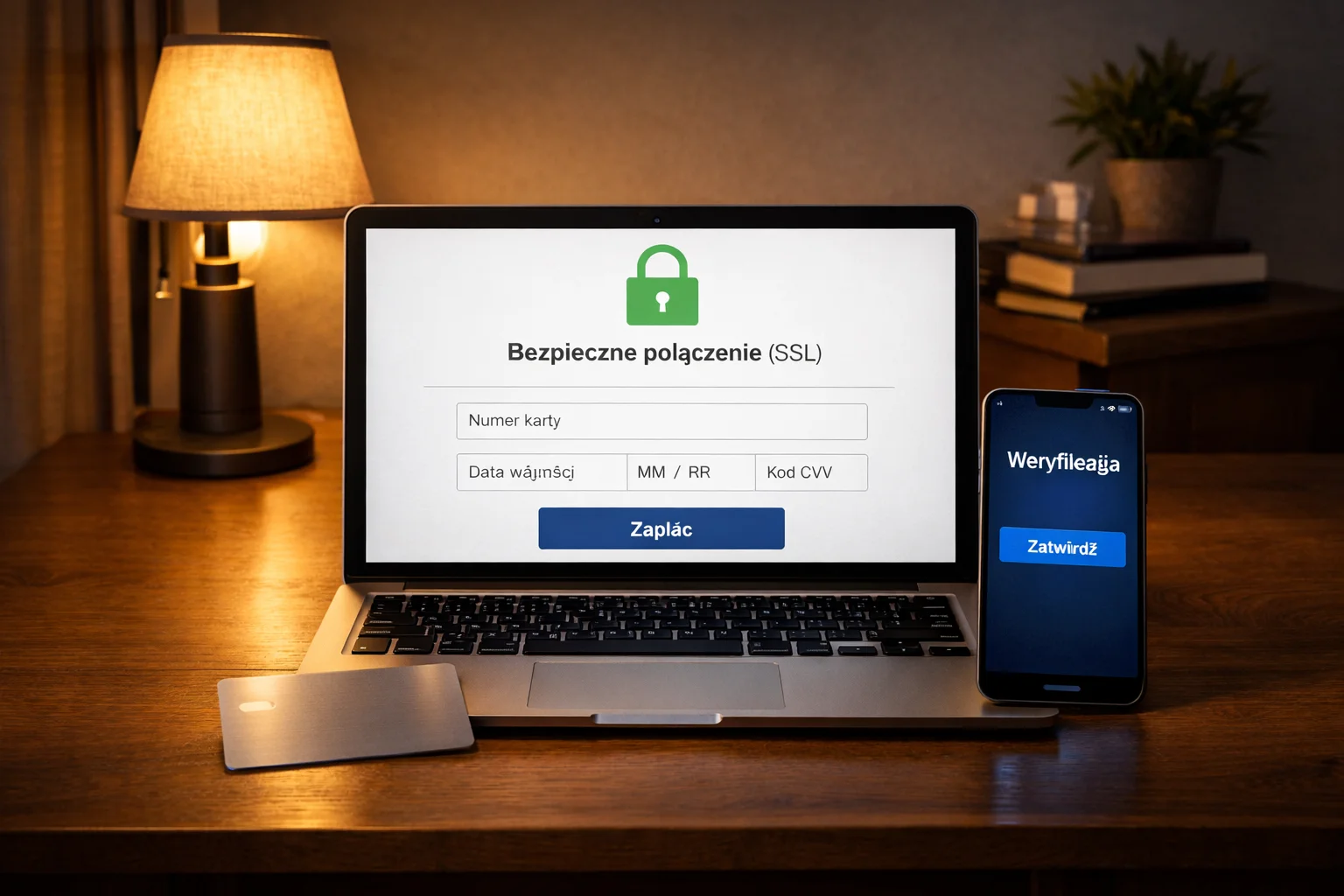 Bezpieczna transakcja online z ikoną kłódki i kartą płatniczą