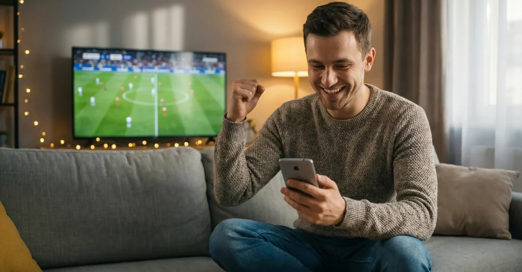 Mężczyzna z telefonem świętuje wygraną podczas oglądania meczu piłkarskiego