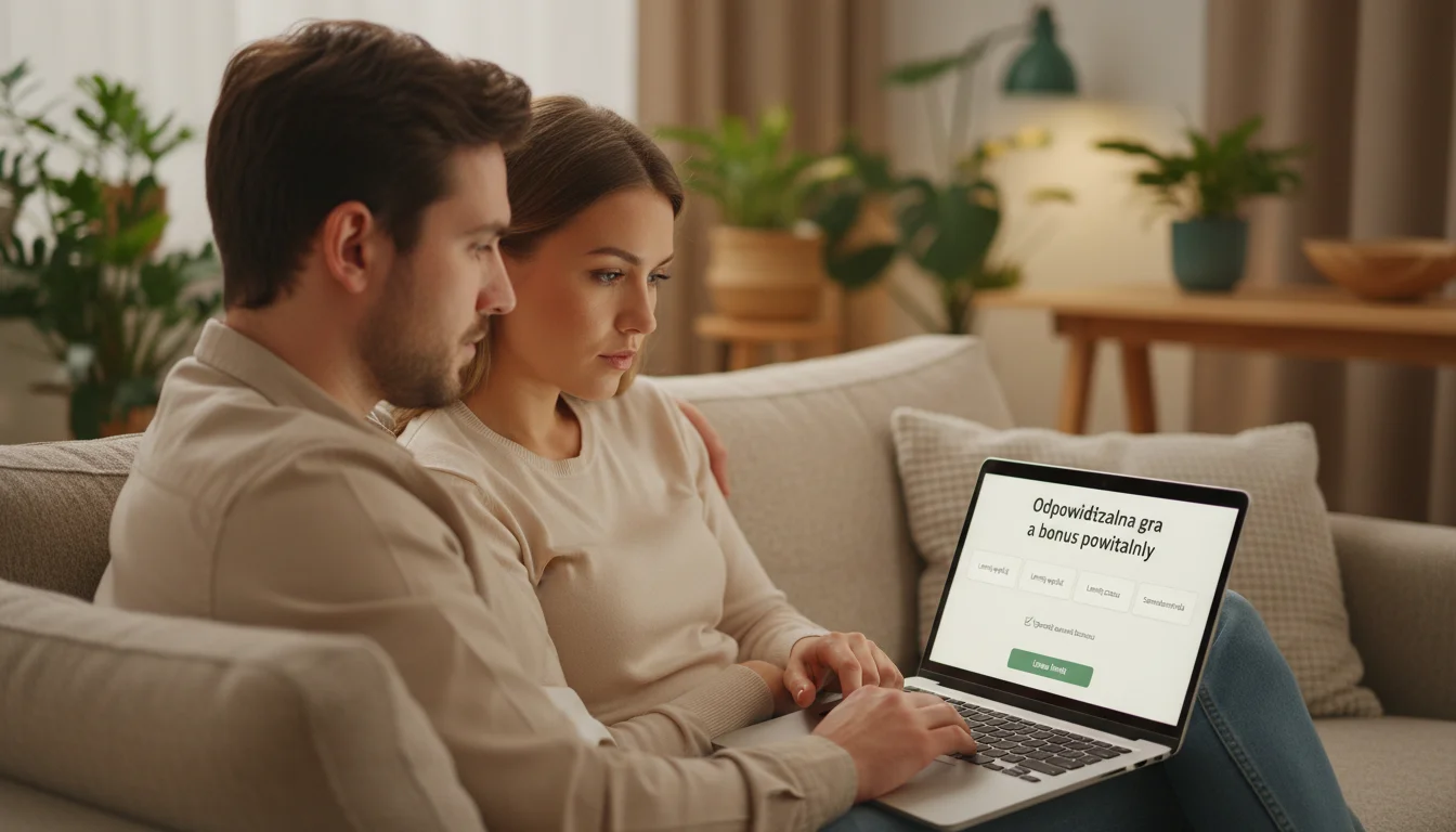 Para siedząca na kanapie z laptopem, spokojnie przeglądająca oferty online