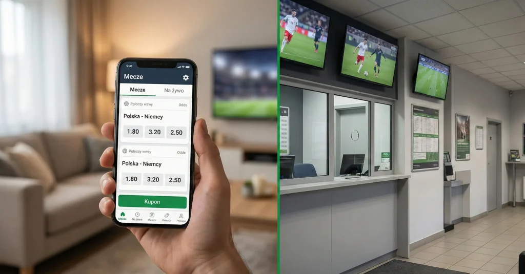 Porównanie zakładów online na smartfonie i punktu naziemnego bukmachera