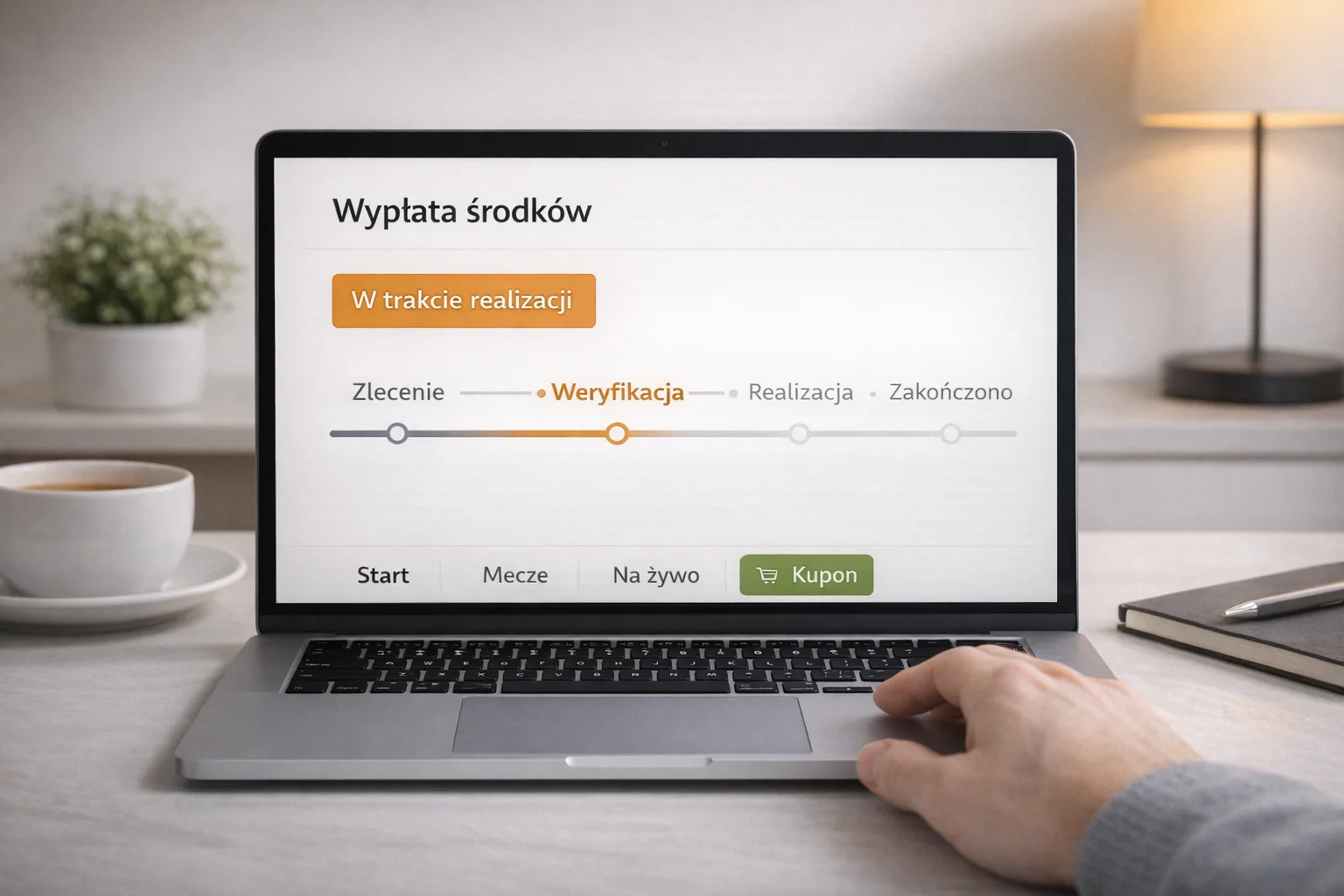 Panel konta bukmacherskiego pokazujący status przetwarzania wypłaty