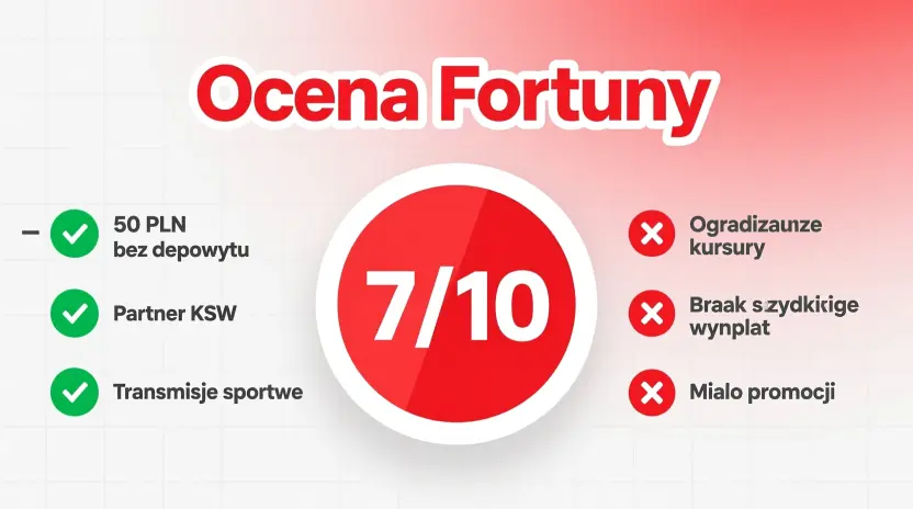 Podsumowanie i ocena Fortuna - infografika z plusami, minusami i oceną końcową 7/10