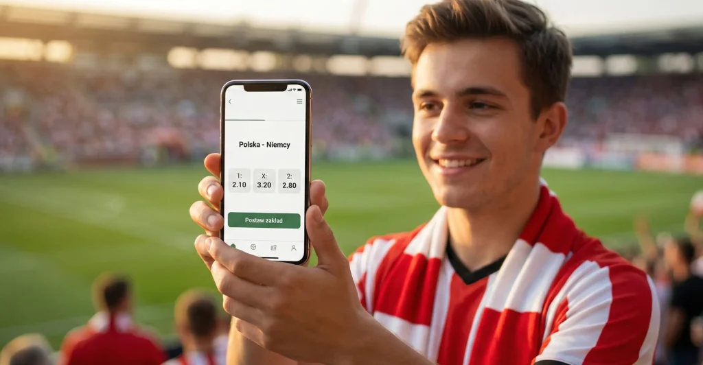Kibic w koszulce piłkarskiej trzymający smartfon z aplikacją bukmacherską na tle stadionu