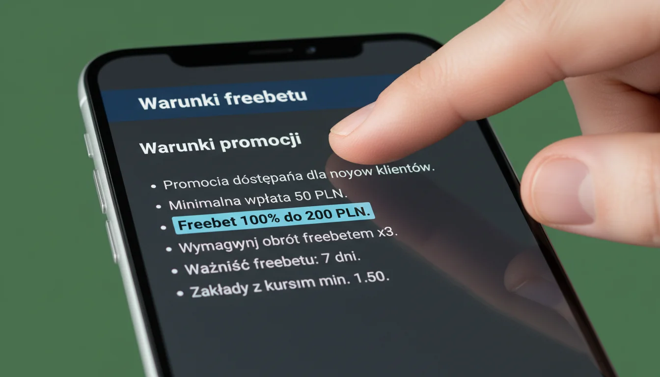 Zbliżenie na ekran smartfona z regulaminem promocji bukmacherskiej i palec przewijający tekst