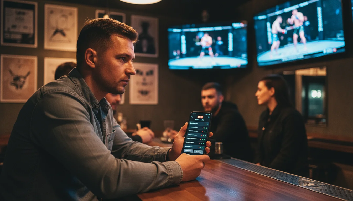 Fan oglądający galę MMA na żywo i sprawdzający zakłady na smartfonie