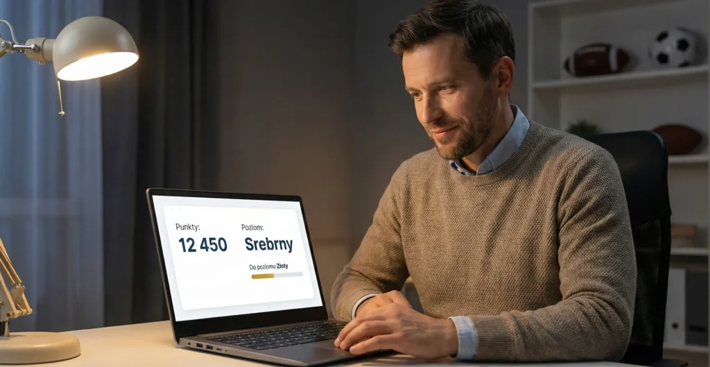 Gracz sprawdzający punkty w programie lojalnościowym bukmachera na laptopie