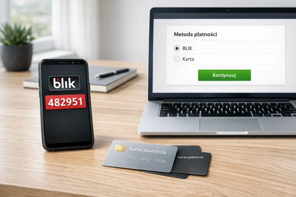 Różne metody płatności u bukmachera - smartfon z BLIK, karta płatnicza i laptop