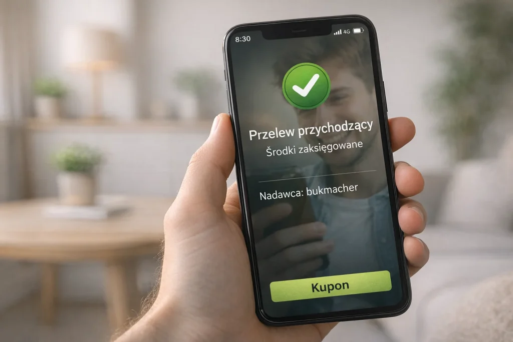 Szybka wypłata z bukmachera - powiadomienie o przelewie na smartfonie
