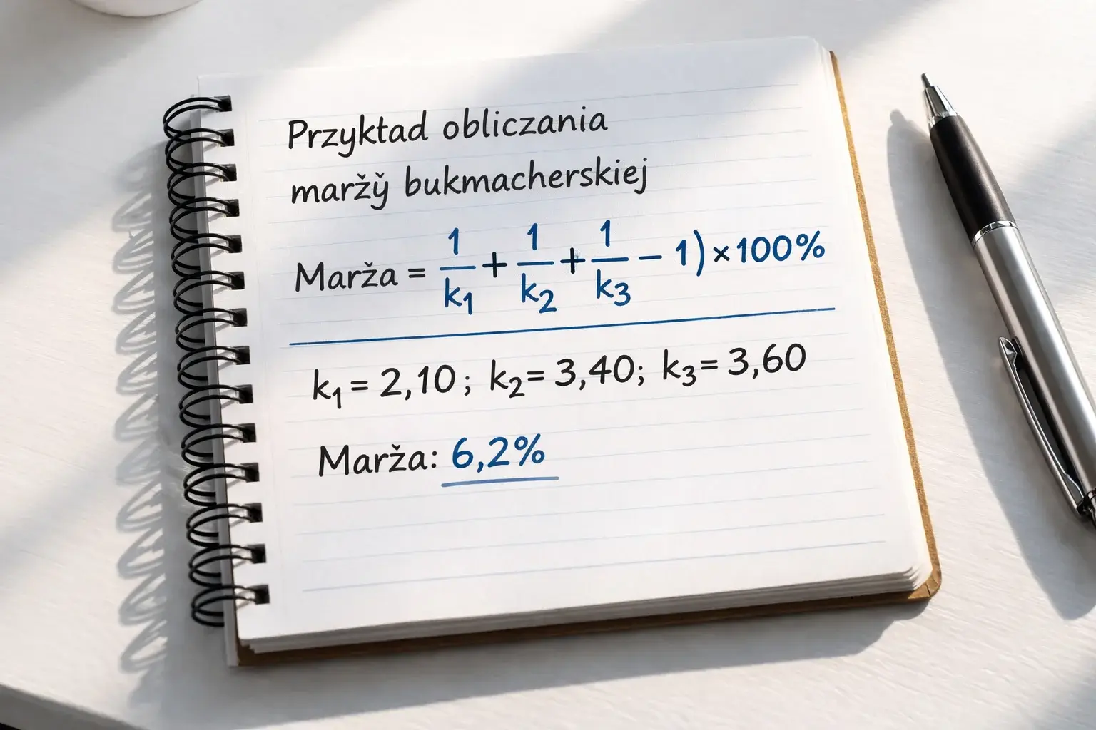 Przykład obliczania marży bukmacherskiej na kartce z notatkami