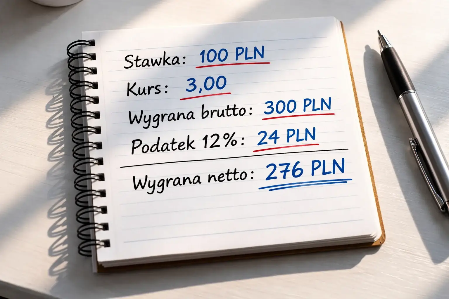 Przykładowe obliczenie podatku 12% od wygranej z zakładów bukmacherskich