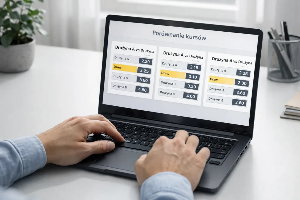 Porównanie kursów bukmacherskich na ekranie laptopa z różnymi operatorami