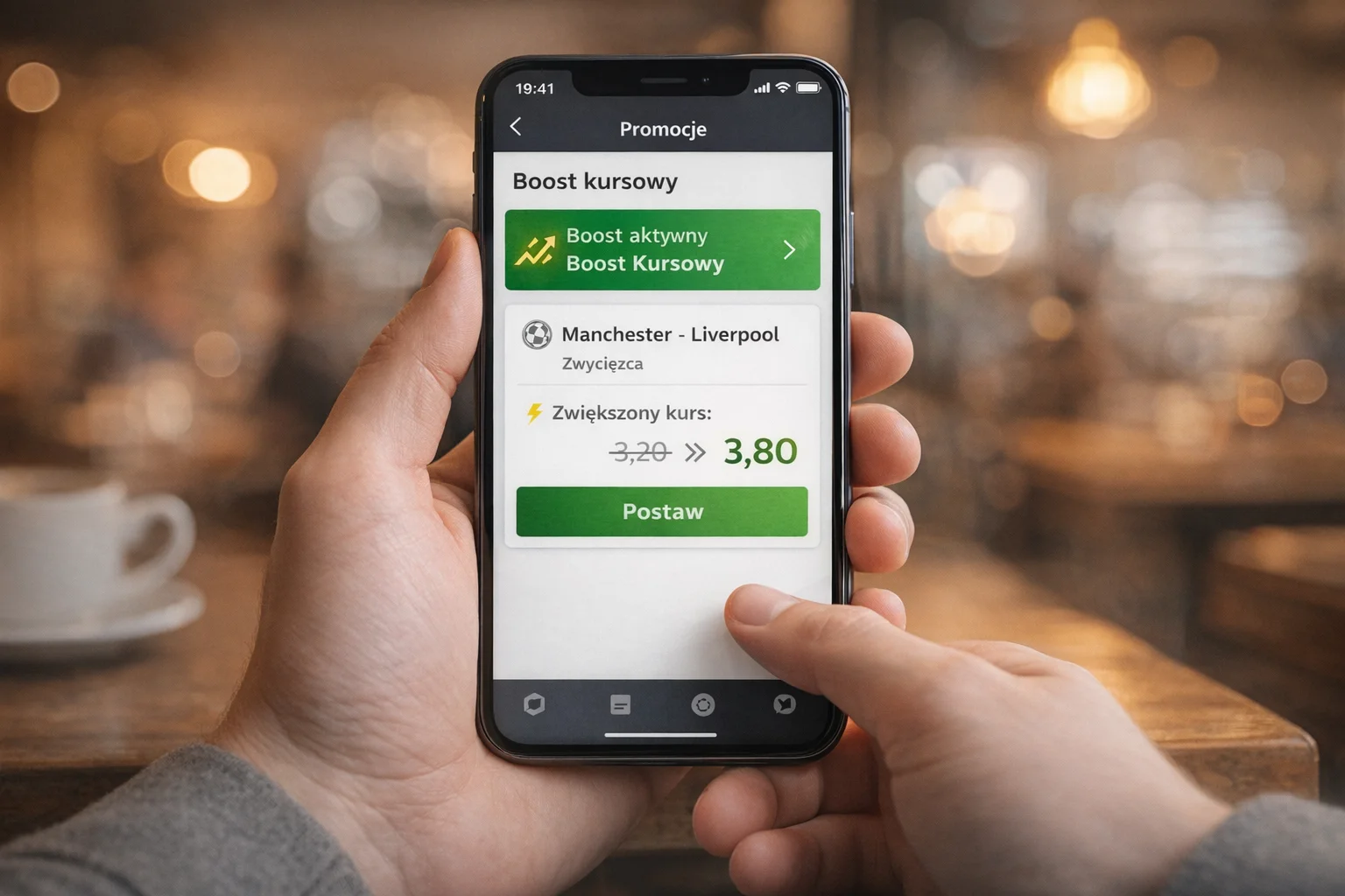 Promocje bukmacherskie i boosty kursowe na ekranie smartfona
