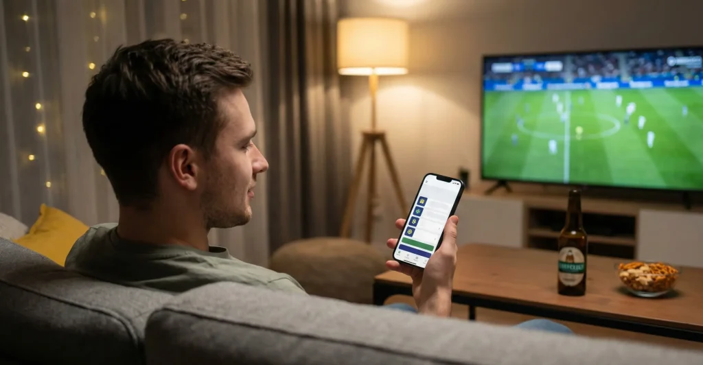 Fan piłki nożnej sprawdzający promocje bukmacherskie na smartfonie podczas weekendowego meczu