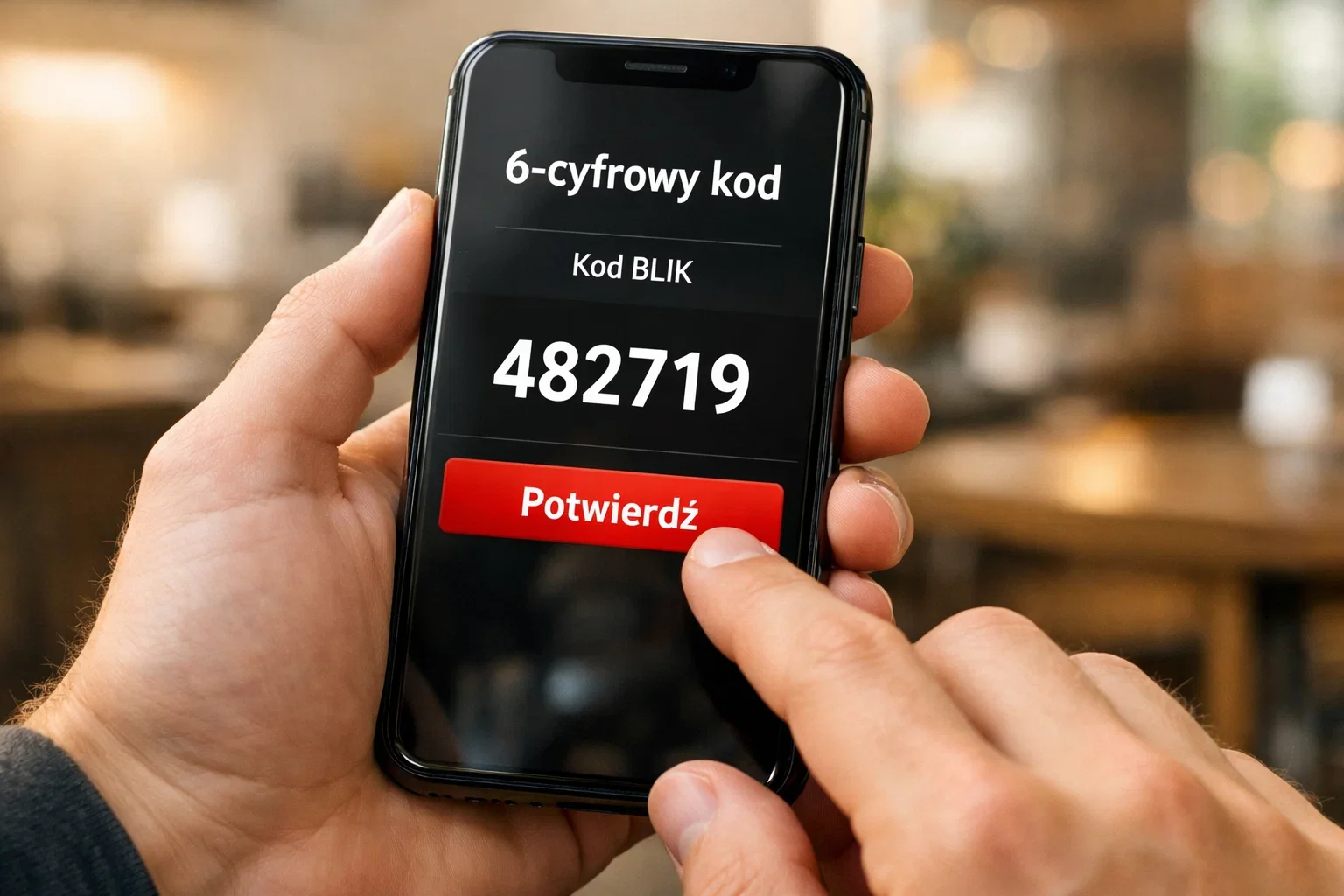 Osoba wpisująca kod BLIK na smartfonie podczas wpłaty u bukmachera