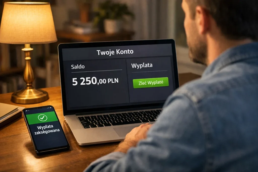 Osoba sprawdzająca stan konta i zlecająca wypłatę z bukmachera na laptopie