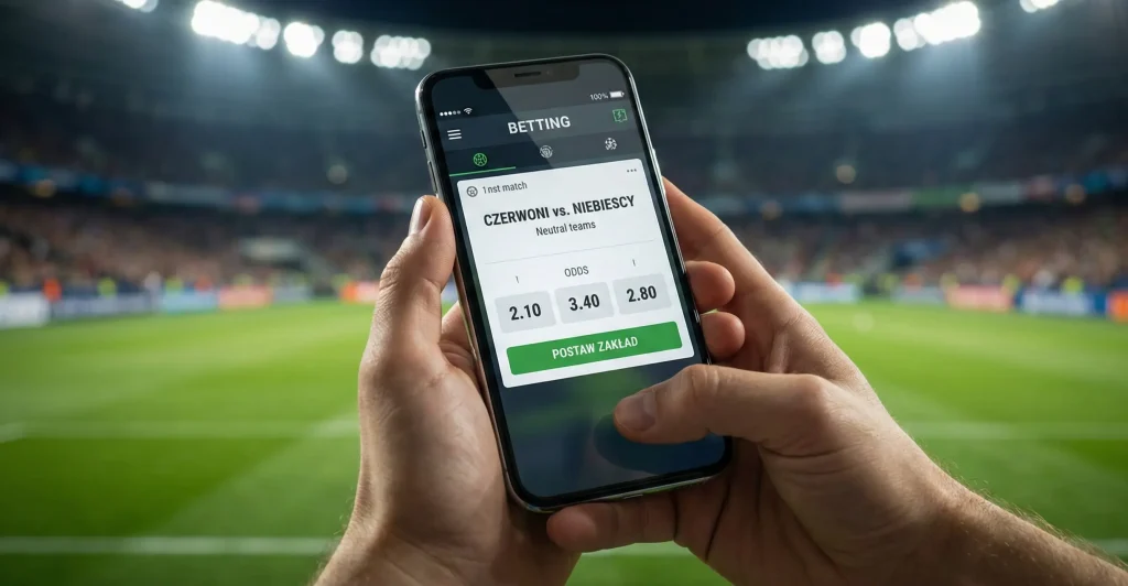 Dłonie trzymające smartfon z ekranem zakładów bukmacherskich, w tle stadion piłkarski