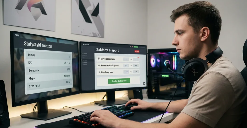 Gracz e-sportowy analizujący statystyki drużyn przed postawieniem zakładu