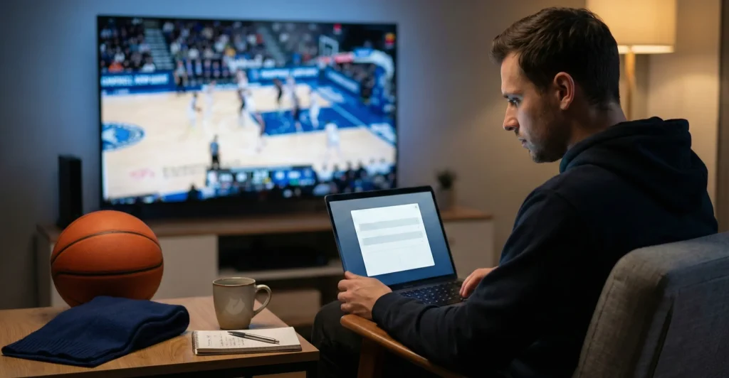 Fan koszykówki analizujący statystyki NBA przed postawieniem zakładu