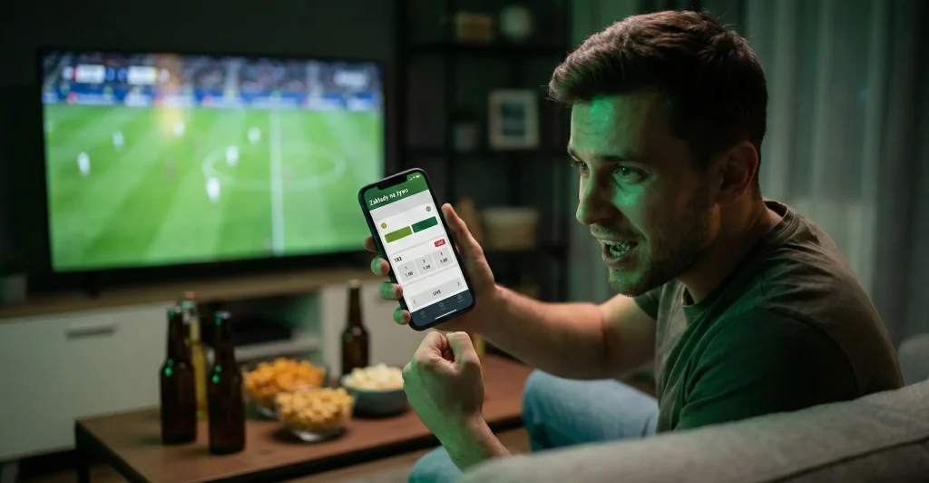Fan oglądający mecz na żywo i stawiający zakłady przez aplikację mobilną