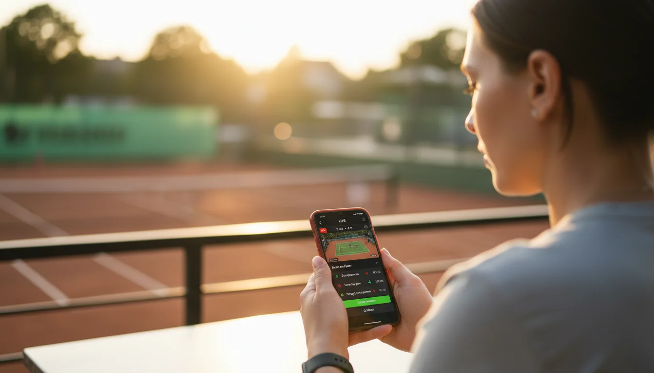 Fan tenisa oglądający mecz na żywo i stawiający zakłady przez smartfon
