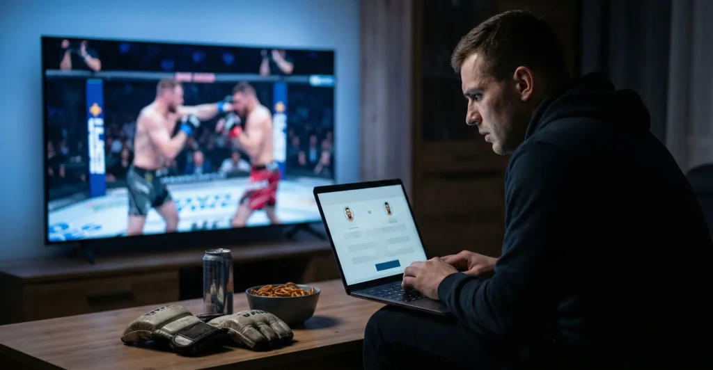Fan sportów walki analizujący statystyki zawodników UFC przed galą